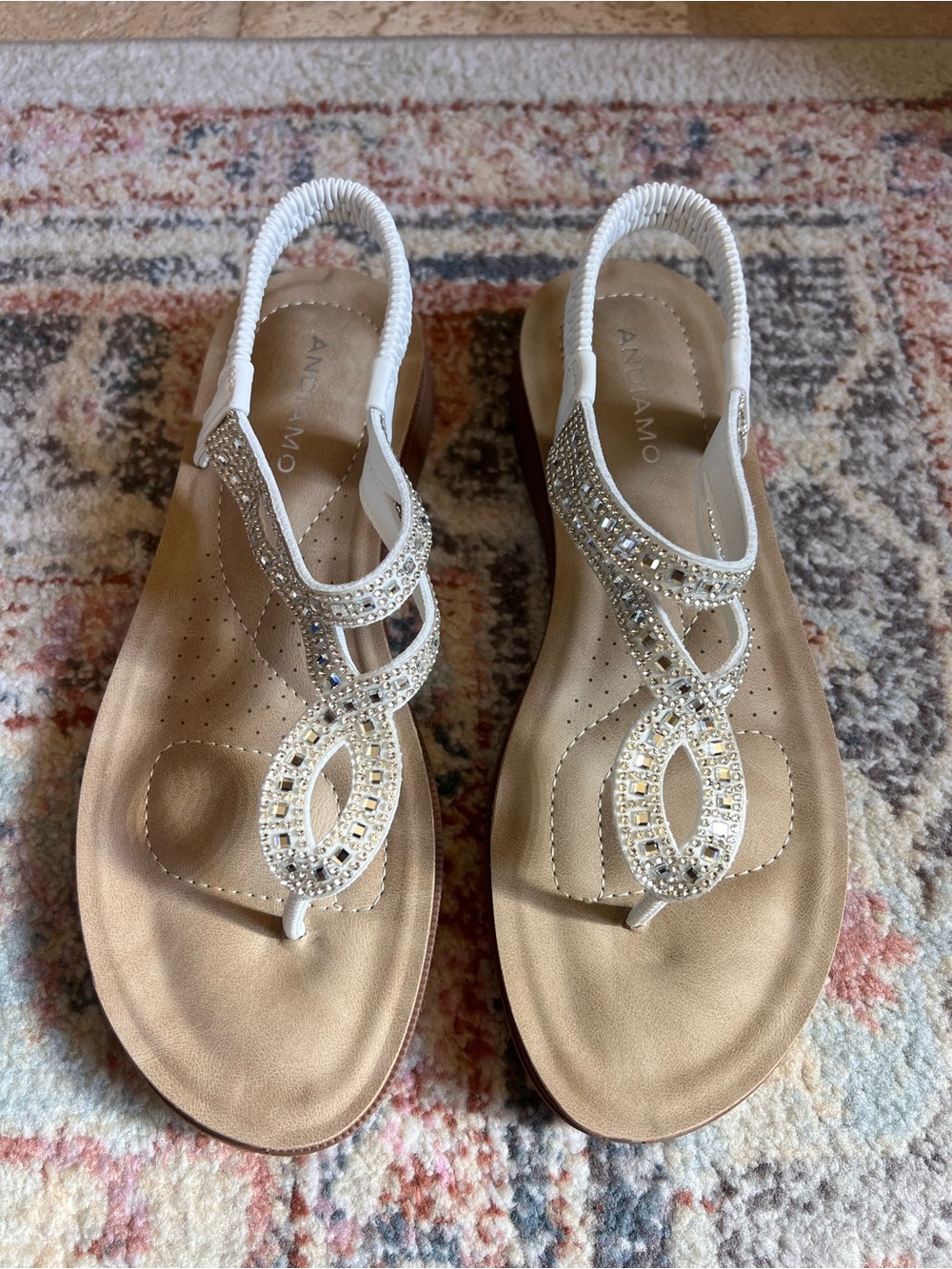 Women's White Embellished T-Strap Sandals with Gem Accents